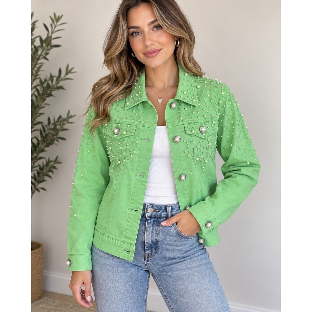 Quacker Factory Women's Small Lime Green Pearl Rhinestone Denim Jacket Y2K Bling